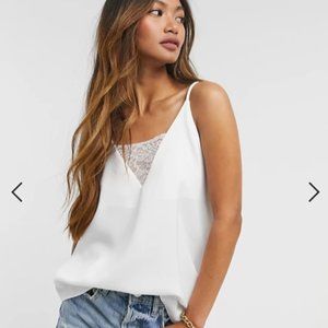 River Island lace insert satin cami top in white